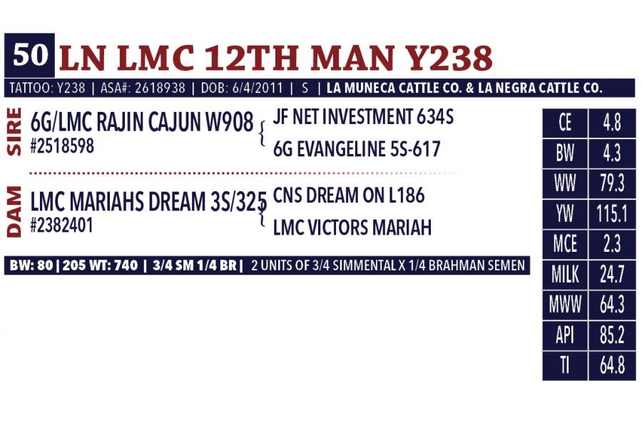 LOT 50 - LN LMC 12TH MAN Y238 - TWO (2) STRAWS OF SEMEN