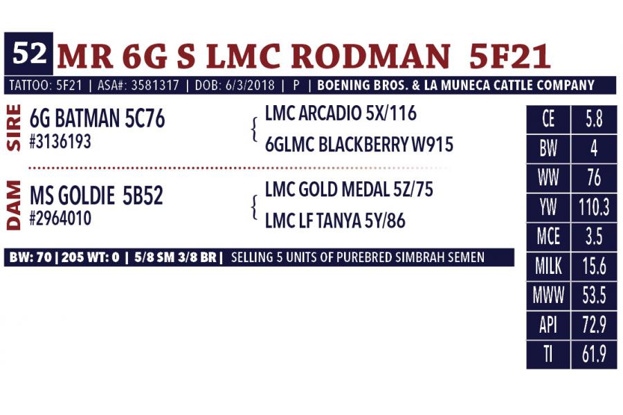 LOT 52 - MR 6G S LMC RODMAN  5F21 - FIVE (5) STRAWS OF SEMEN