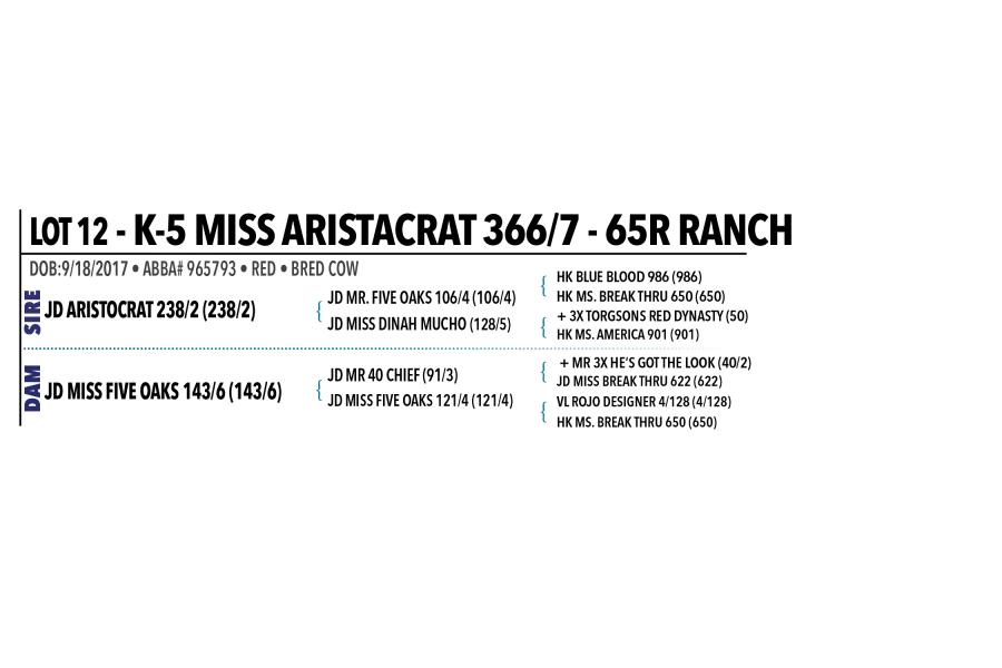 LOT 012 - K-5 MISS ARISTACRAT 366/7 OR LOT 013 - WR MS LONGSHOT 917 -  PICK OR X THE MONEY OF LOTS CHOSEN