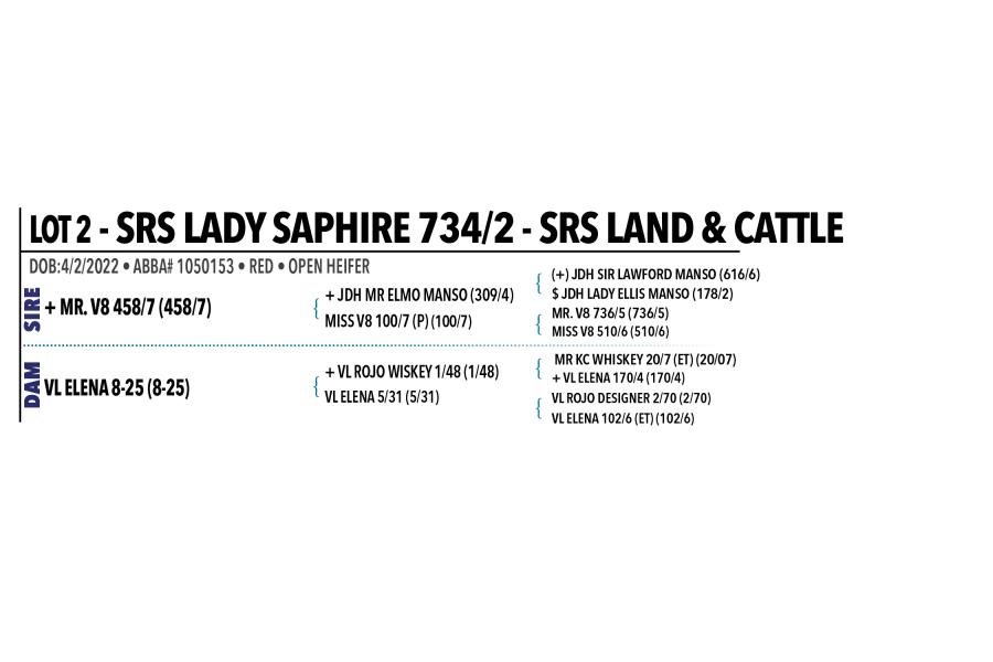 LOT 002 - SRS LADY SAPHIRE 734/2 or  LOT 003 - SRS LADY ROJO 746/2 -  PICK OR X THE MONEY OF LOTS CHOSEN